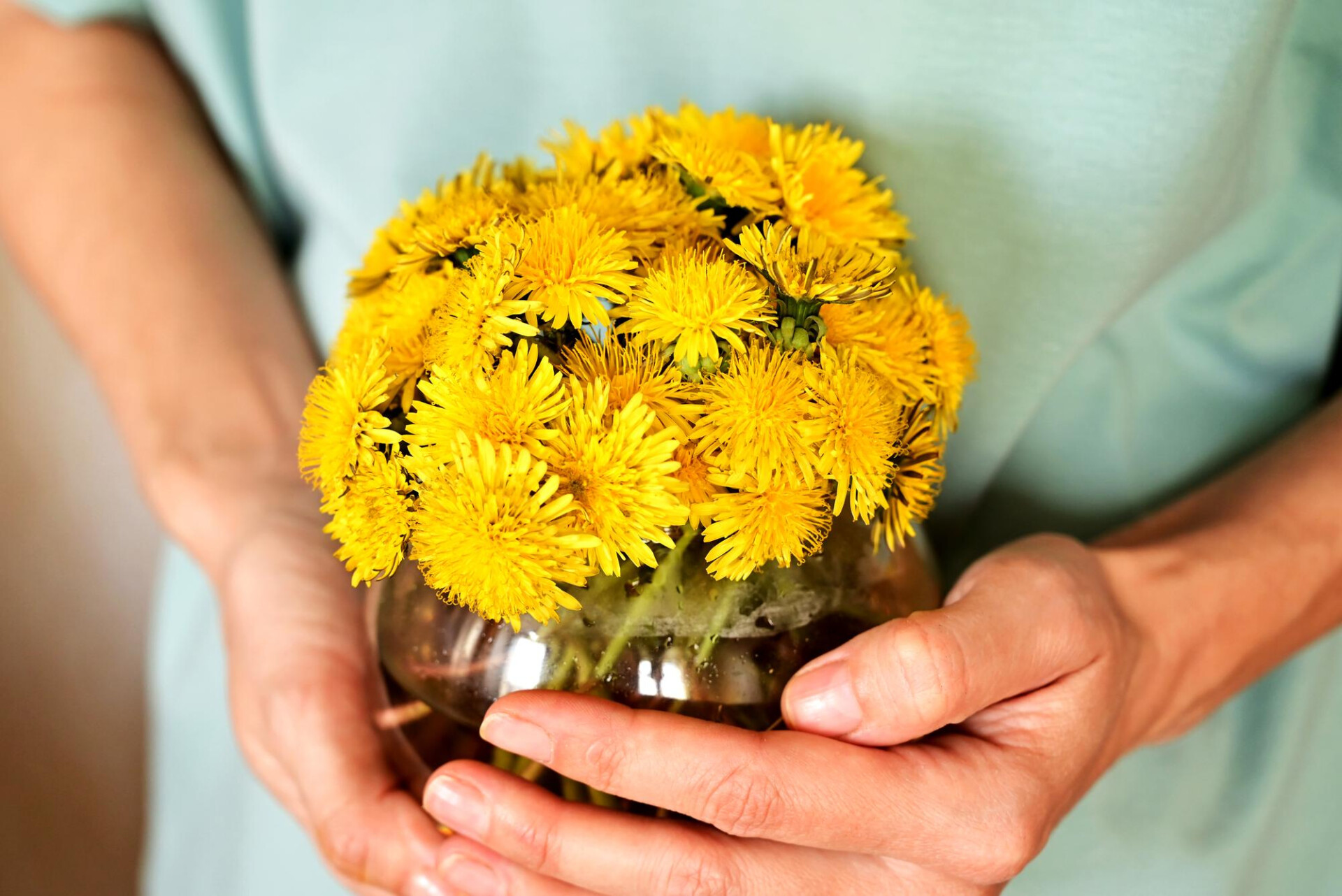 a person holding a vase of yellow flowers